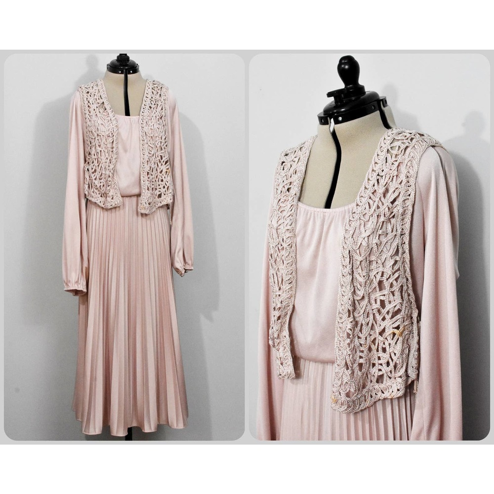 Jo-Ed Dusty Pink 70s Dress with Lace Vest